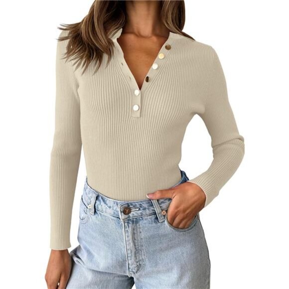 Women's Long Sleeve Button-Down V-Neck Slim Fitted Ribbed Knit Tee - Picture 1 of 8